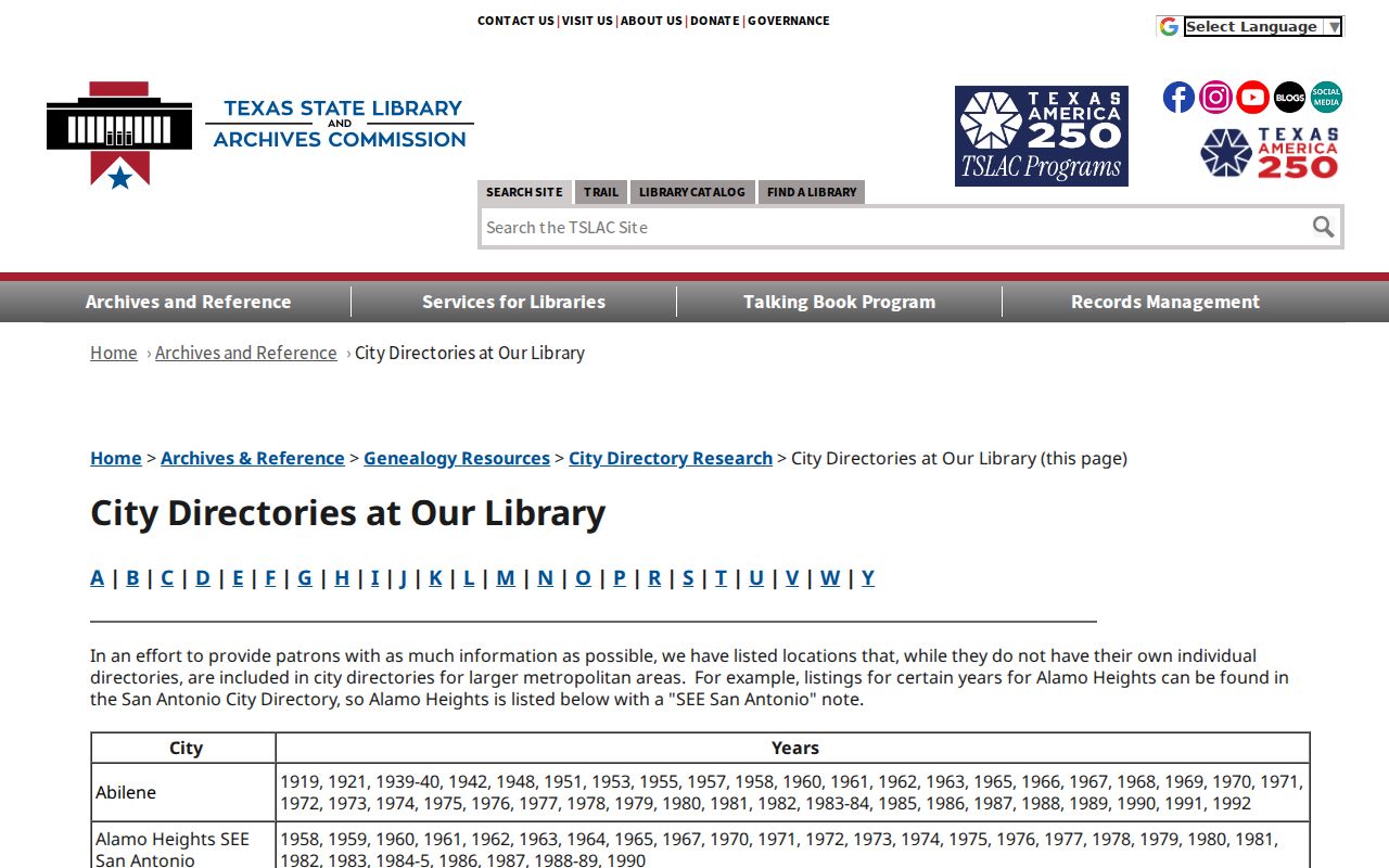 Corpus Christi city directory years on the Texas State Library list