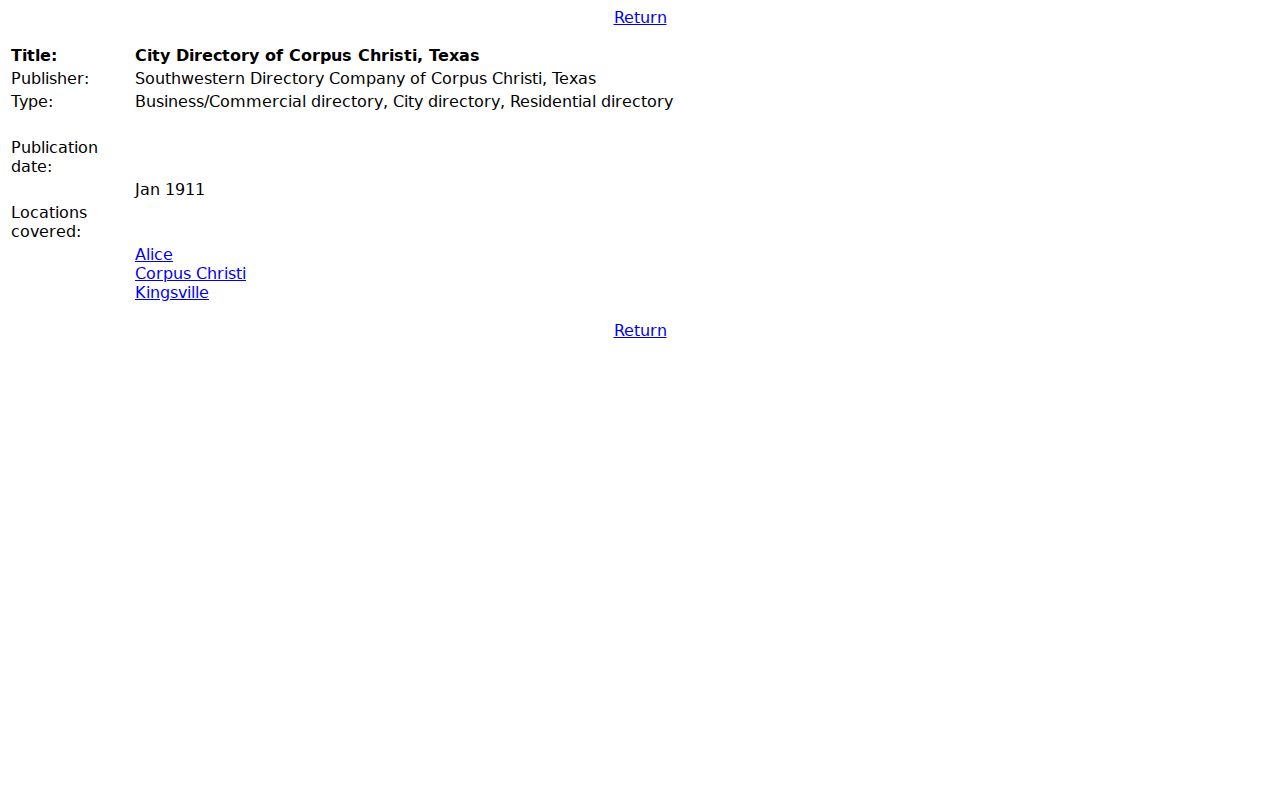 Corpus Christi city directory 1911 catalog record at the UT Center for American History
